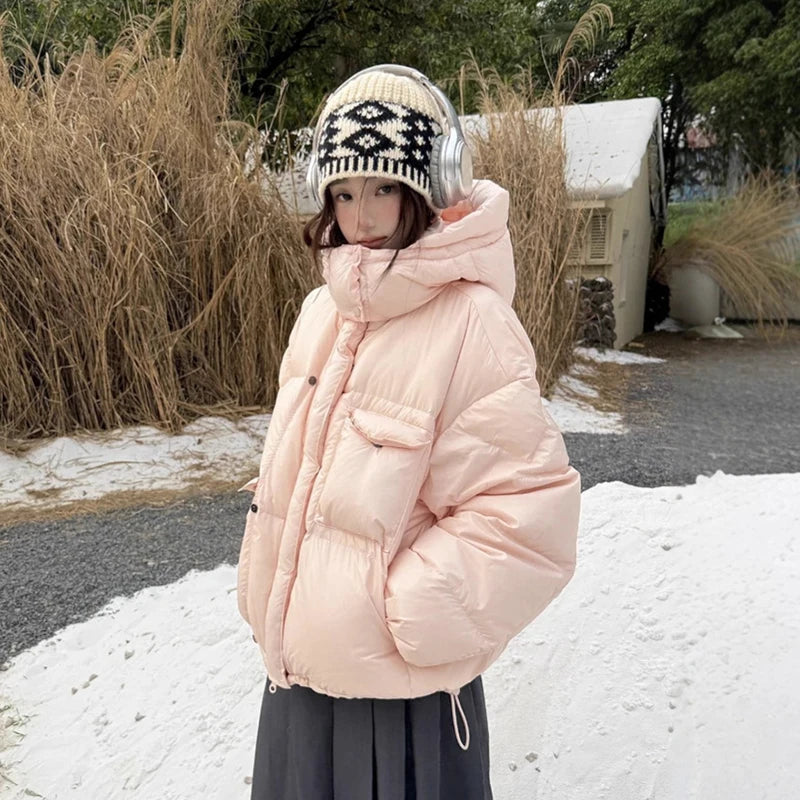 Winter White Duck Down Hooded Parker Outwear Coat Women Big Pocket Solid Loose Down Jacket New Female Warm Zipper Quilted Jacket