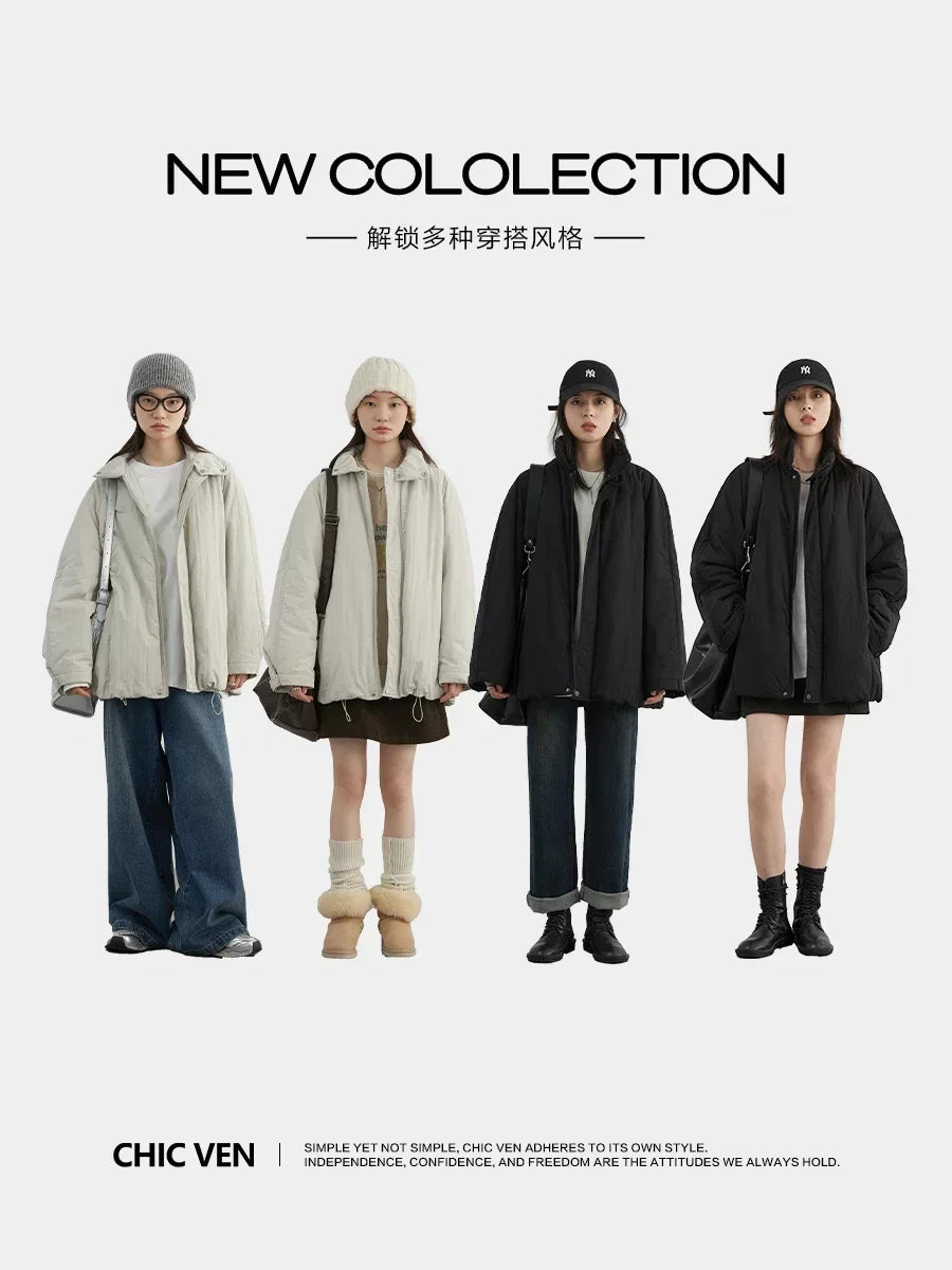 CHIC VEN Women Parkas Streetwear Loose Solid Stand Collar Female Jacket Mid Length Woman Coat Sports Autumn Winter 2025