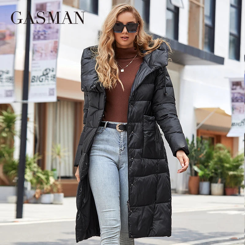 GASMAN Winter Down Jacket Women Long Classic zipper Belt Design Pocket Hooded Slim Parkas Female Coat LD-21963