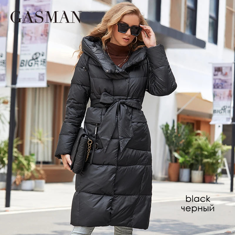 GASMAN Winter Down Jacket Women Long Classic zipper Belt Design Pocket Hooded Slim Parkas Female Coat LD-21963