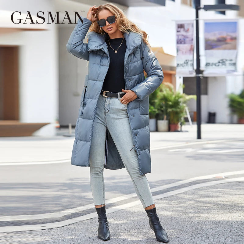 GASMAN Winter Down Jacket Women Long Classic zipper Belt Design Pocket Hooded Slim Parkas Female Coat LD-21963