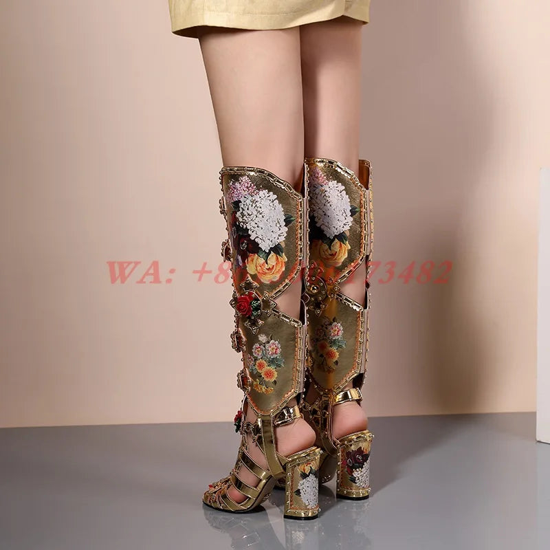 design luxury woman gold Roman diamonds Gladiator sandal boots lady hollow chunky high heel diamonds Gladiator sandal boots