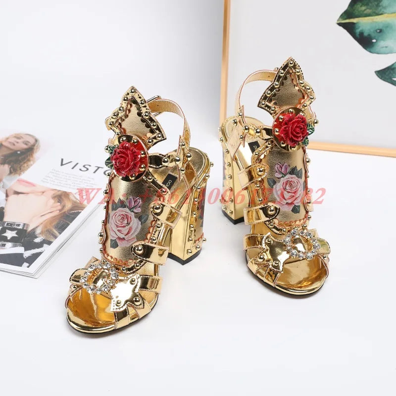 design luxury woman gold Roman diamonds Gladiator sandal boots lady hollow chunky high heel diamonds Gladiator sandal boots