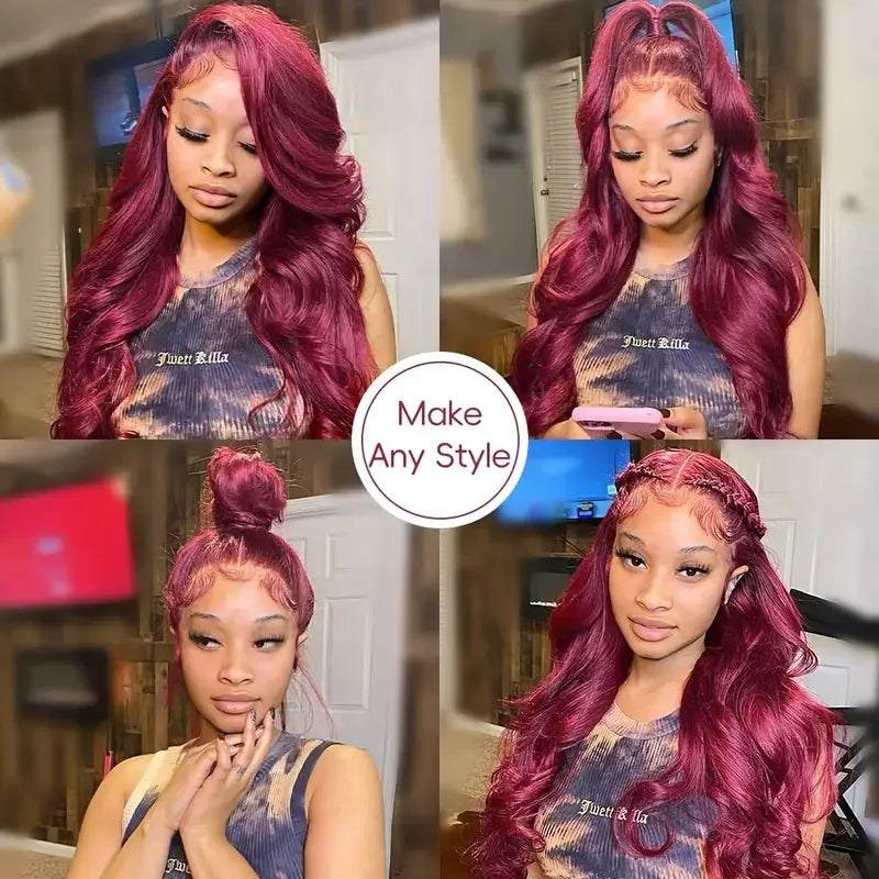 99J Burgundy Lace Frontal Wig 13x6 Body Wave Lace Front Wig HD Transparent Lace Frontal Wig Human Hair Pre Plucked 99j Red Color