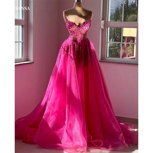 Sansa Customized Rose Pink Ball Gown Prom Dress Rhinestones Spaghetti Strap Vestidos De Noche Sweetheart Neck Formal Evening