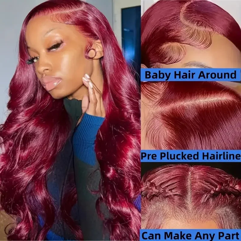 99J Burgundy Lace Frontal Wig 13x6 Body Wave Lace Front Wig HD Transparent Lace Frontal Wig Human Hair Pre Plucked 99j Red Color