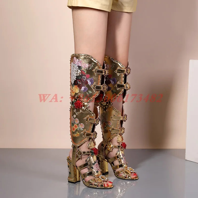 design luxury woman gold Roman diamonds Gladiator sandal boots lady hollow chunky high heel diamonds Gladiator sandal boots