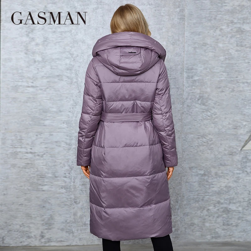 GASMAN Winter Down Jacket Women Long Classic zipper Belt Design Pocket Hooded Slim Parkas Female Coat LD-21963
