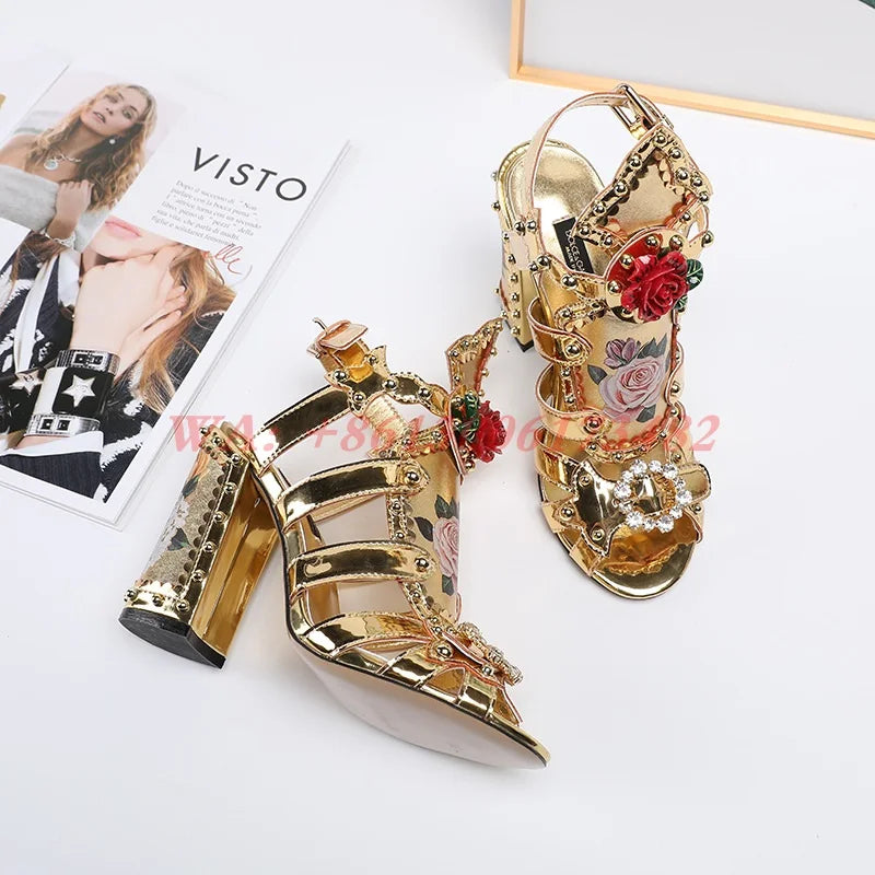 design luxury woman gold Roman diamonds Gladiator sandal boots lady hollow chunky high heel diamonds Gladiator sandal boots