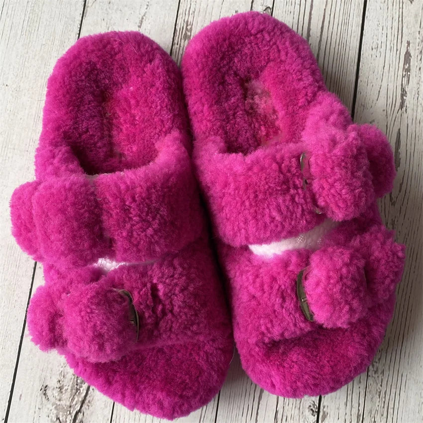 New Woman Real Wool Slipper Plush Warm Flats Slippers Plaform Shoes Flip Flops Women's Sandals Summer 2025 Designer Shoes