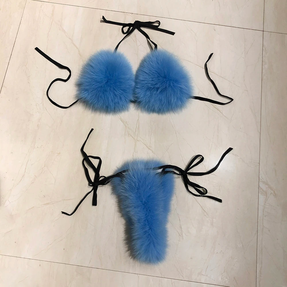 YOLOAgain Women Solid Natural Fox Fur Sexy Bikini Set Bra Detachable