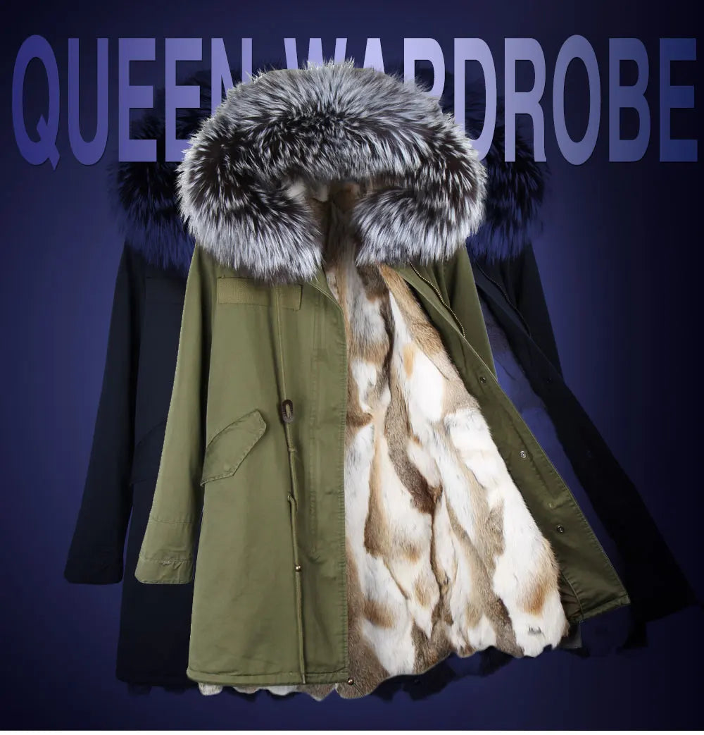Maomaokong 2023 Winter Women Parkas Real Fur Long Coat Outwear Large Raccoon Fur Collar Thick Warm Jacket Rabbit Lining Hooded