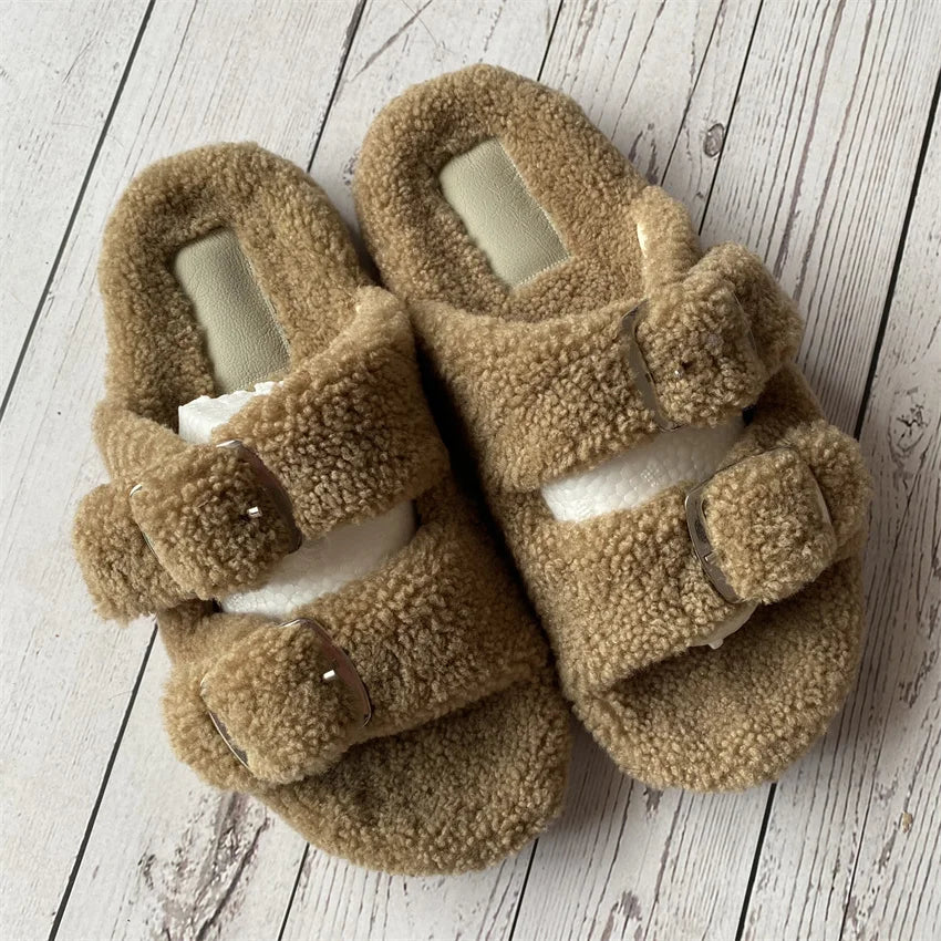 New Woman Real Wool Slipper Plush Warm Flats Slippers Plaform Shoes Flip Flops Women's Sandals Summer 2025 Designer Shoes