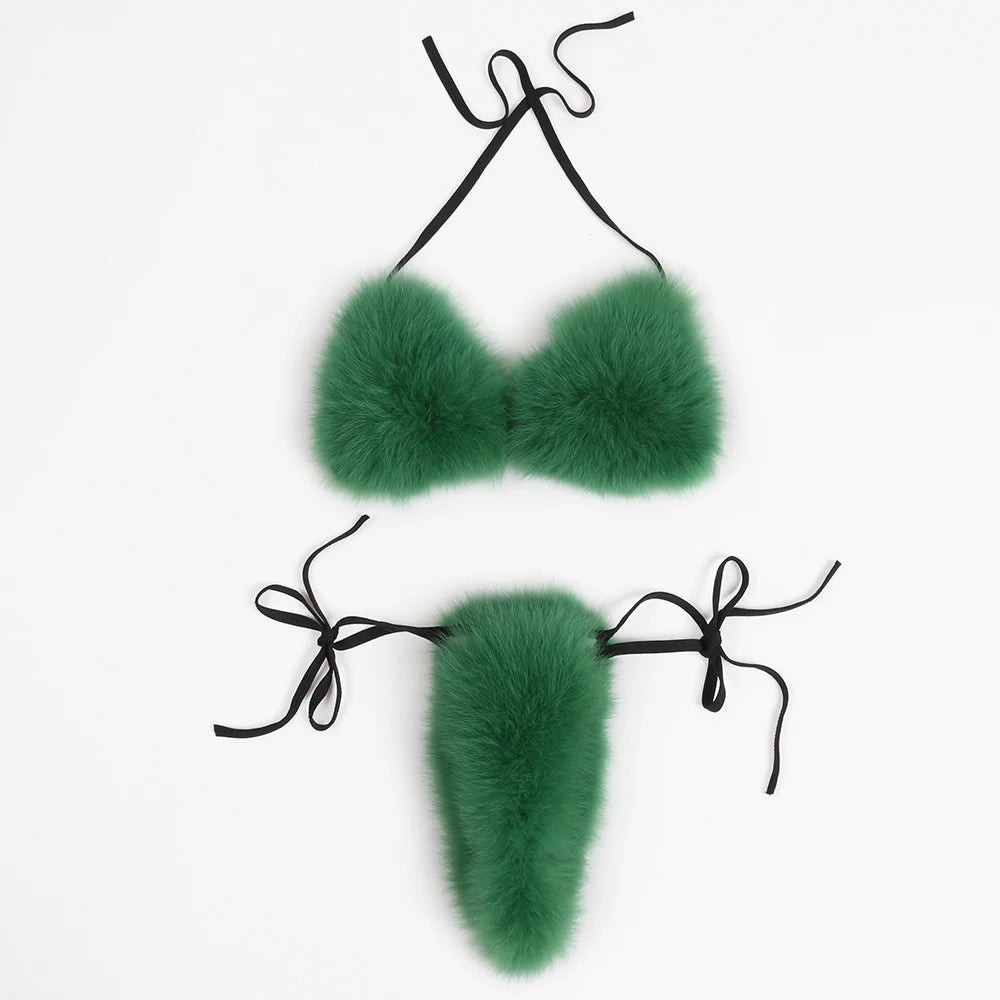 YOLOAgain Women Solid Natural Fox Fur Sexy Bikini Set Bra Detachable
