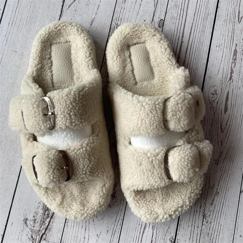 New Woman Real Wool Slipper Plush Warm Flats Slippers Plaform Shoes Flip Flops Women's Sandals Summer 2025 Designer Shoes