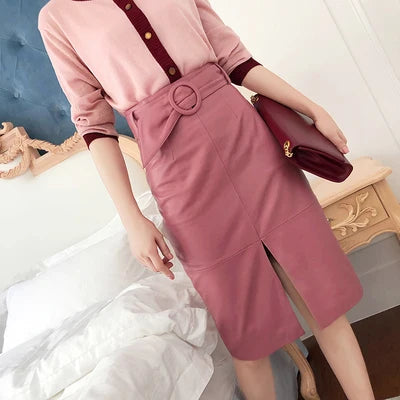 RYS9325 Winter Women Genuine Leather 65cm Long Wrap Skirt Female Ring Belt High Waist Faldas Mujer Front Slit OL Sexy Pink Jupe