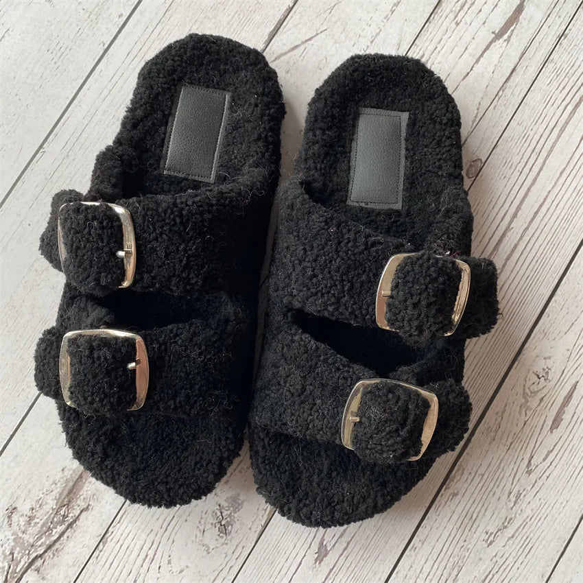 New Woman Real Wool Slipper Plush Warm Flats Slippers Plaform Shoes Flip Flops Women's Sandals Summer 2025 Designer Shoes