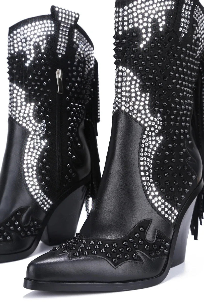 New style black women's rhinestone over the knee boots winter crystal fringed cowboy boots women's boots with thick heels plus44