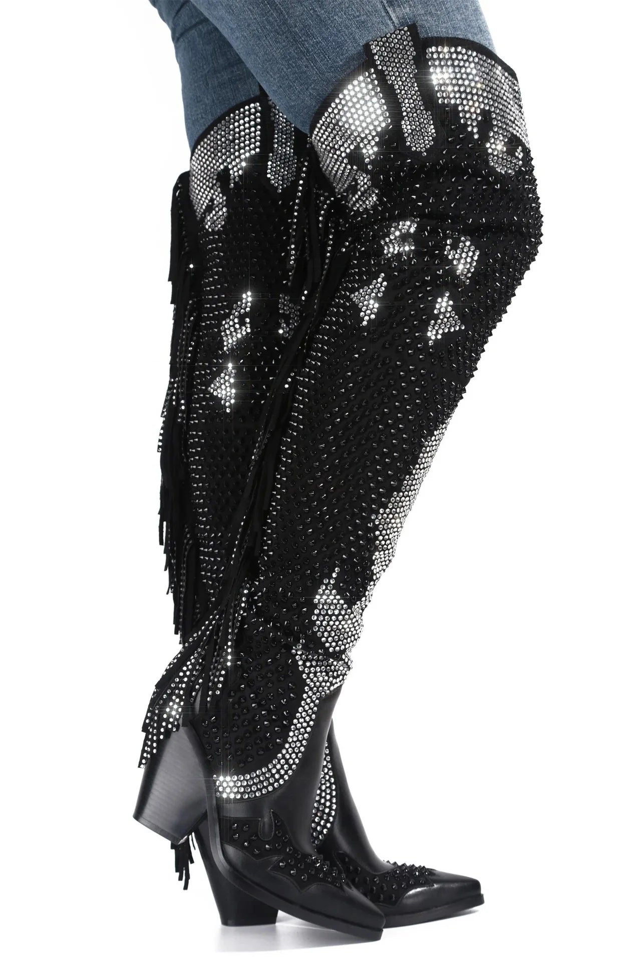 New style black women's rhinestone over the knee boots winter crystal fringed cowboy boots women's boots with thick heels plus44