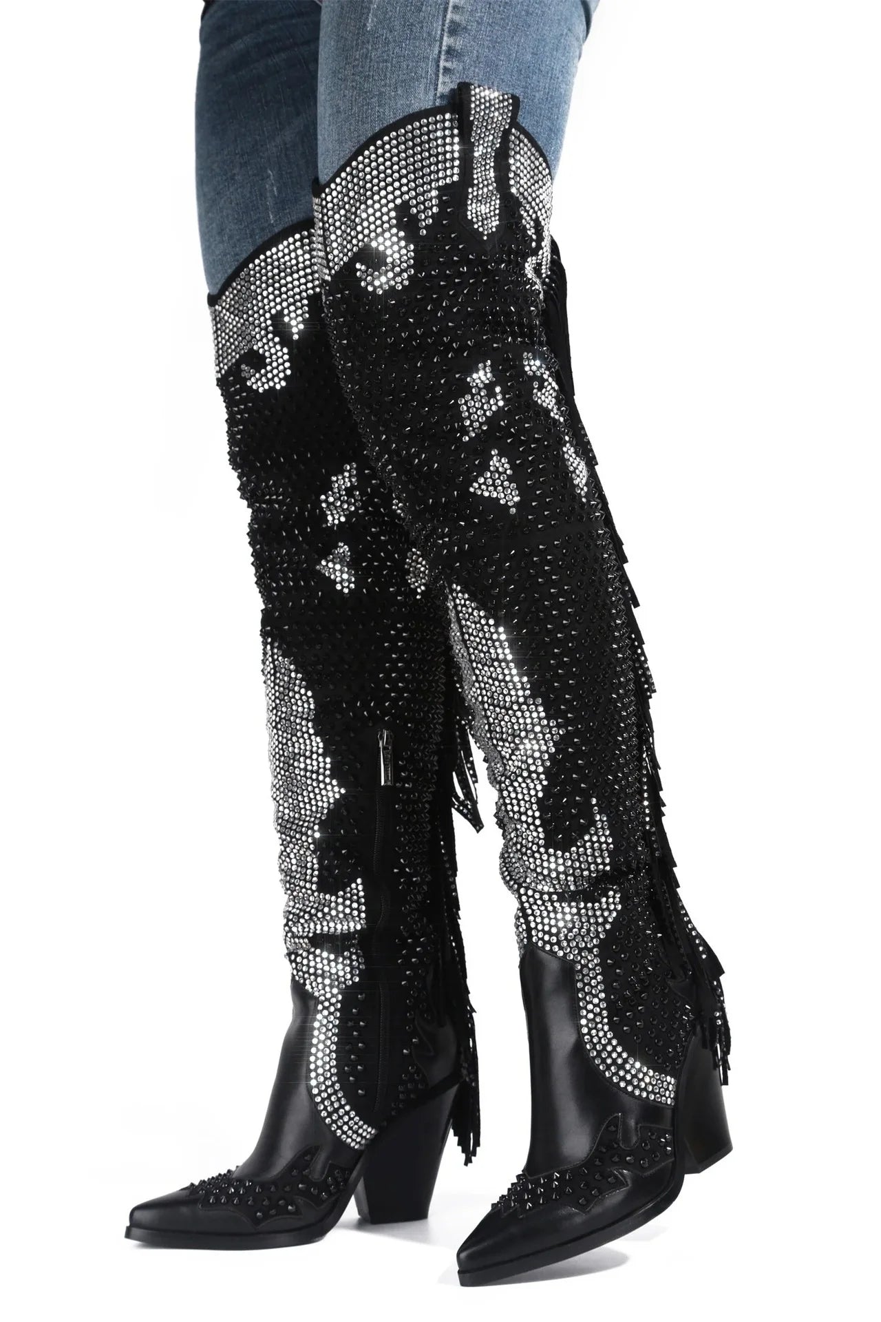 New style black women's rhinestone over the knee boots winter crystal fringed cowboy boots women's boots with thick heels plus44