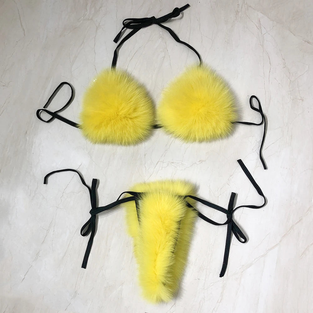 YOLOAgain Women Solid Natural Fox Fur Sexy Bikini Set Bra Detachable