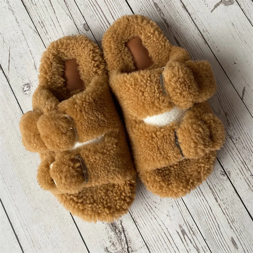 New Woman Real Wool Slipper Plush Warm Flats Slippers Plaform Shoes Flip Flops Women's Sandals Summer 2025 Designer Shoes