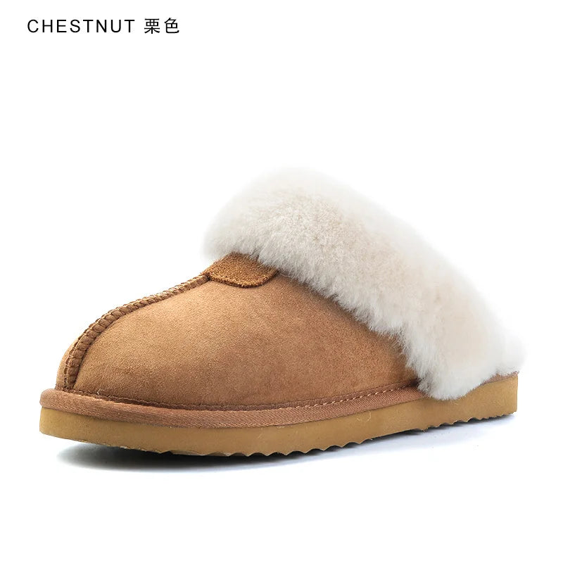 INOE Women Real Sheepskin Suede Leather Natural Wool Sheep Fur Lined Winter Slippers Cazy Loafer Home Shoes Baboon in House Flat