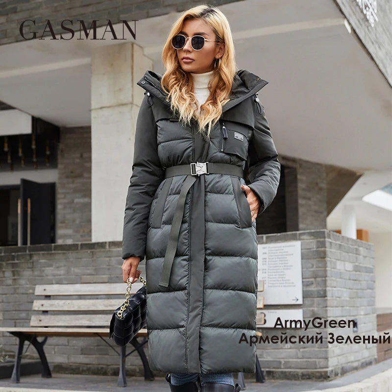 GASMAN 2022 Women's jacket long Fashion Grace women winter down jackets Zipper pocket with belt parka high quality outwear 8189