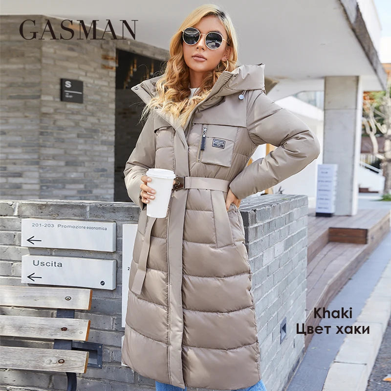GASMAN 2022 Women's jacket long Fashion Grace women winter down jackets Zipper pocket with belt parka high quality outwear 8189