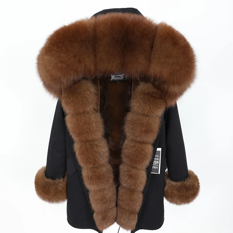 MaoMaoKong Natural Real Fox Fur Jacket Hooded Black Waterproof Woman Winter Warm Coat Parkas Luxury Jacket Female Clothing