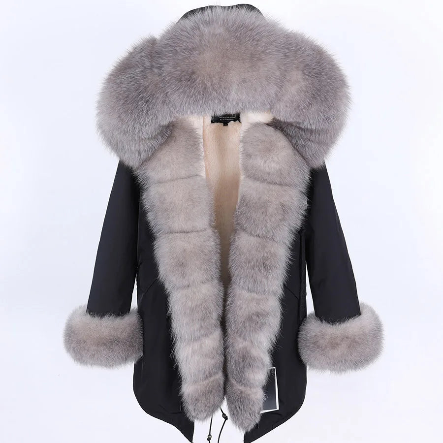 MaoMaoKong Natural Real Fox Fur Jacket Hooded Black Waterproof Woman Winter Warm Coat Parkas Luxury Jacket Female Clothing