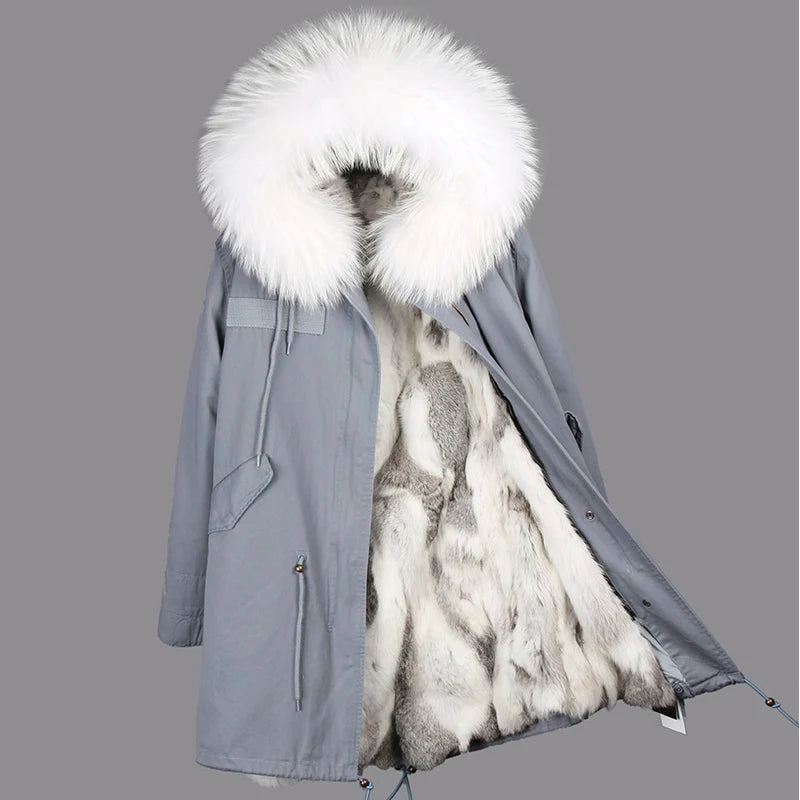 Maomaokong 2023 Winter Women Parkas Real Fur Long Coat Outwear Large Raccoon Fur Collar Thick Warm Jacket Rabbit Lining Hooded