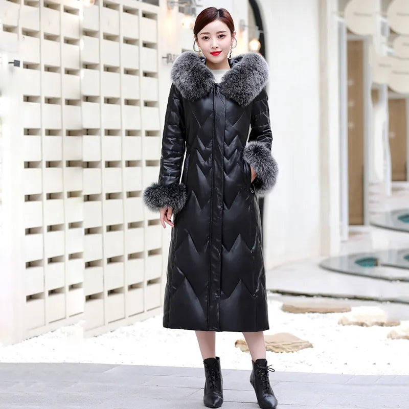 Real Fox Fur Collar Warm Down Jackets Genuine Leather Women Winter Coat Sheepskin Long Female Outwear Jackets