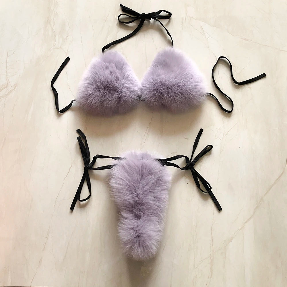 YOLOAgain Women Solid Natural Fox Fur Sexy Bikini Set Bra Detachable