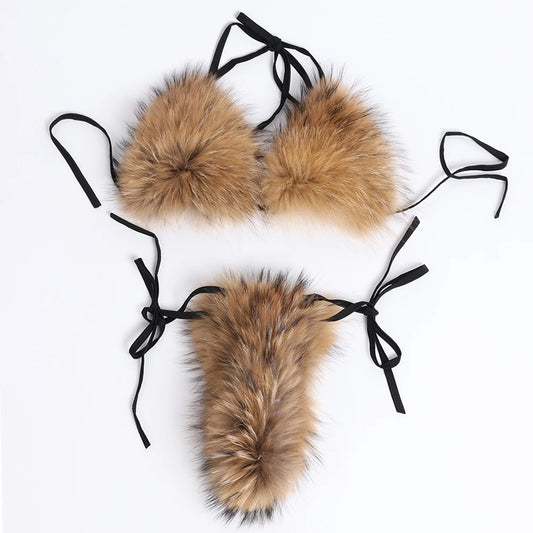 YOLOAgain Women Solid Natural Fox Fur Sexy Bikini Set Bra Detachable