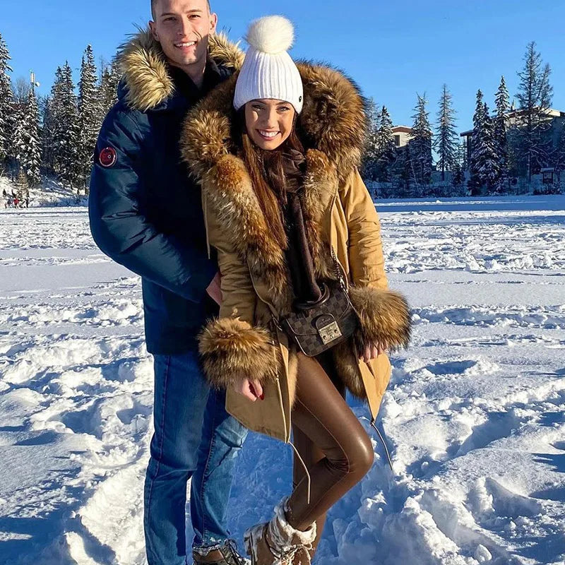 Maomaokong 2023 Winter Women Parkas Real Fur Long Coat Outwear Large Raccoon Fur Collar Thick Warm Jacket Rabbit Lining Hooded