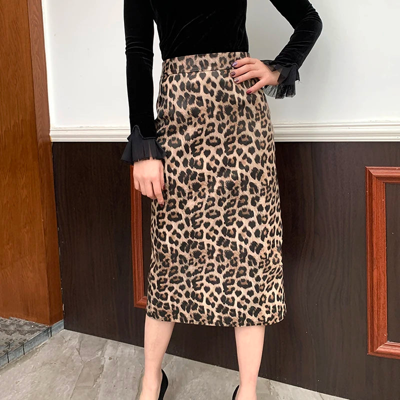 2025 Winter Women Leopard Print Genuine Leather Long skirt Female Over Knee Wrap Jupe Mujer Back Split Wild Sexy  Faldas Sreet