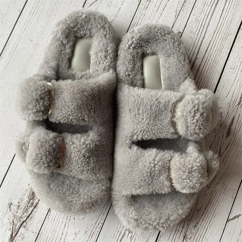 New Woman Real Wool Slipper Plush Warm Flats Slippers Plaform Shoes Flip Flops Women's Sandals Summer 2025 Designer Shoes