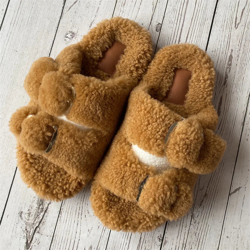 New Woman Real Wool Slipper Plush Warm Flats Slippers Plaform Shoes Flip Flops Women's Sandals Summer 2025 Designer Shoes