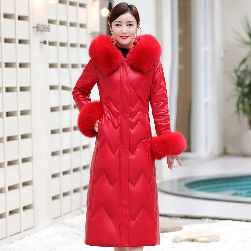 Real Fox Fur Collar Warm Down Jackets Genuine Leather Women Winter Coat Sheepskin Long Female Outwear Jackets