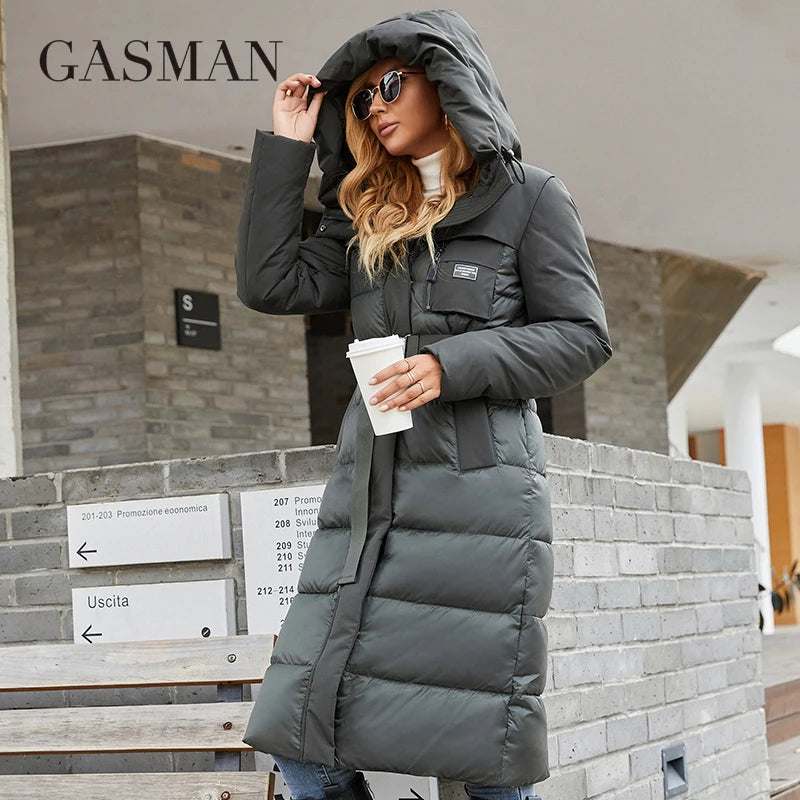 GASMAN 2022 Women's jacket long Fashion Grace women winter down jackets Zipper pocket with belt parka high quality outwear 8189