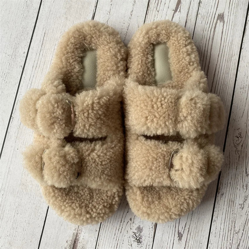 New Woman Real Wool Slipper Plush Warm Flats Slippers Plaform Shoes Flip Flops Women's Sandals Summer 2025 Designer Shoes