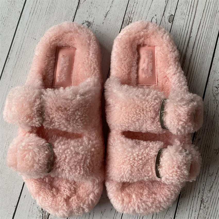 New Woman Real Wool Slipper Plush Warm Flats Slippers Plaform Shoes Flip Flops Women's Sandals Summer 2025 Designer Shoes