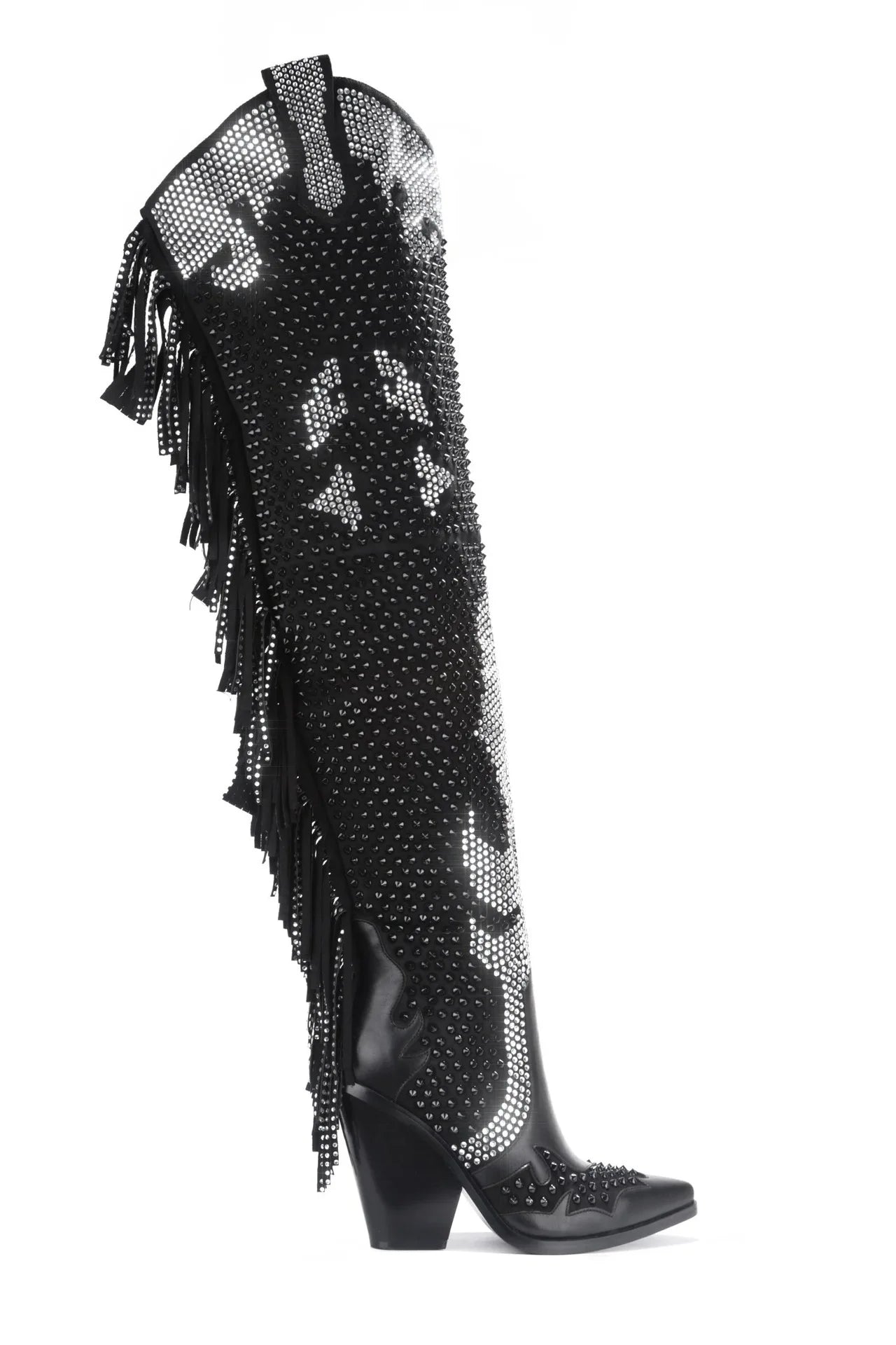 New style black women's rhinestone over the knee boots winter crystal fringed cowboy boots women's boots with thick heels plus44