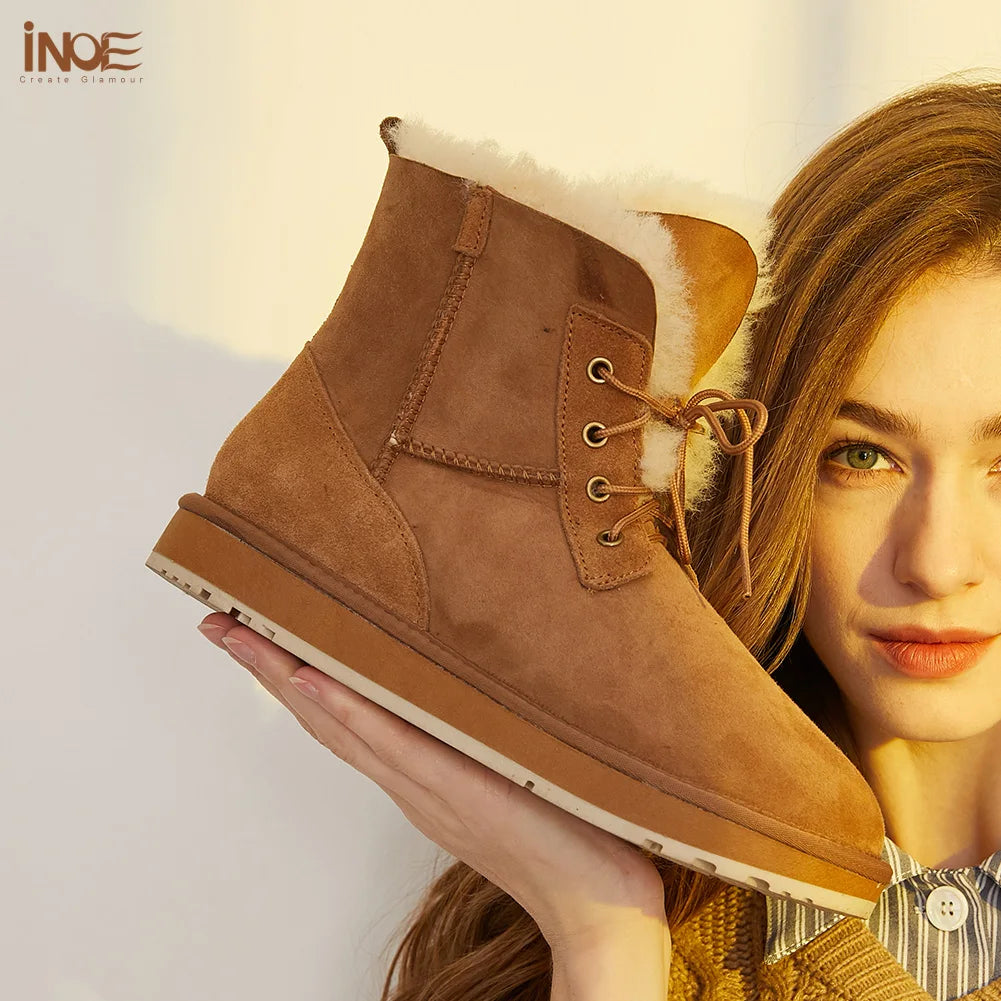 INOE Women Fashion Casual Short Winter Snow Boots Sheepskin Suede Leather Shearling Sheep Fur Wool Lining Warm Shoes Waterproof