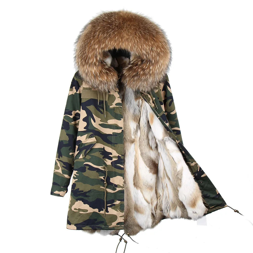 Maomaokong 2023 Winter Women Parkas Real Fur Long Coat Outwear Large Raccoon Fur Collar Thick Warm Jacket Rabbit Lining Hooded