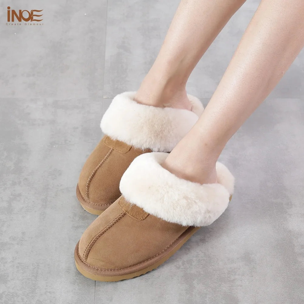 INOE Women Real Sheepskin Suede Leather Natural Wool Sheep Fur Lined Winter Slippers Cazy Loafer Home Shoes Baboon in House Flat
