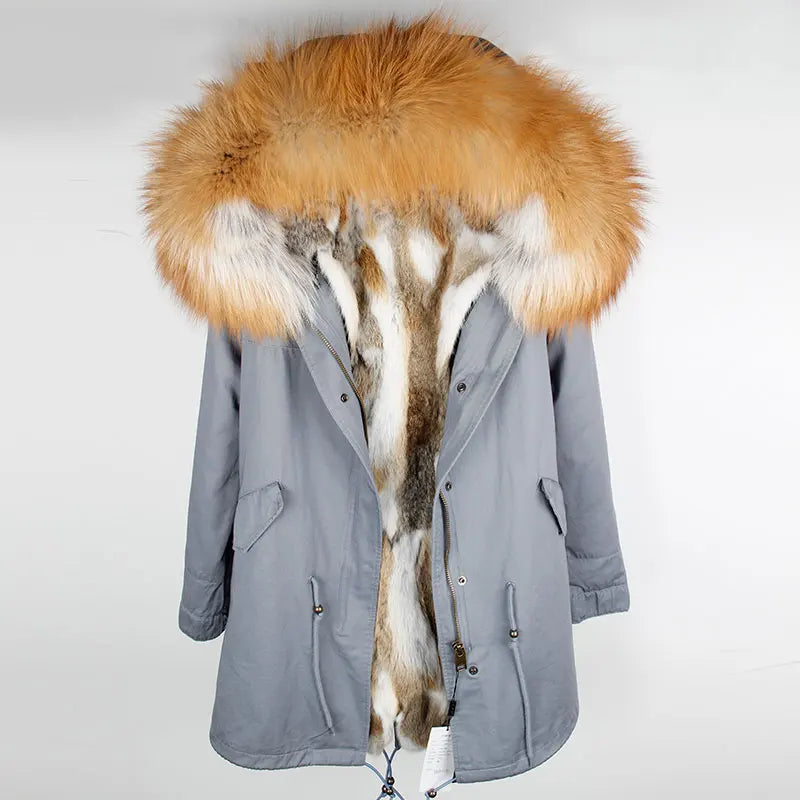 Maomaokong 2023 Winter Women Parkas Real Fur Long Coat Outwear Large Raccoon Fur Collar Thick Warm Jacket Rabbit Lining Hooded