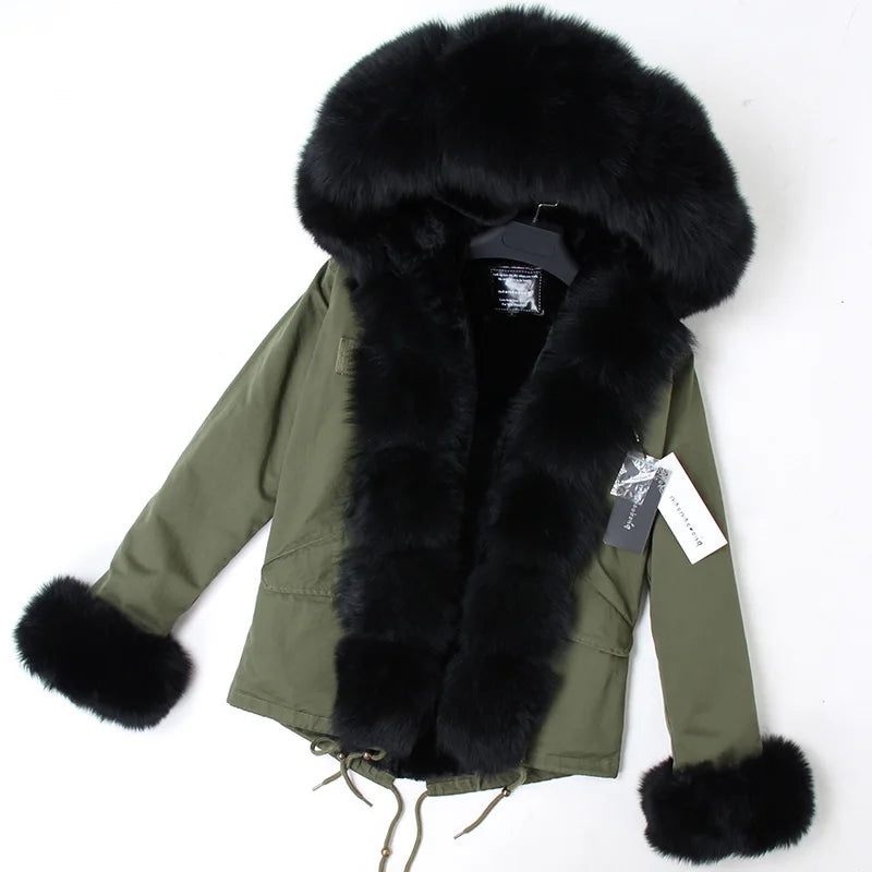 2024 MaoMaoKong Winter Jacket Parkas Natural Real Fox Fur Collar Faux Fur Lining Women Fur Coat