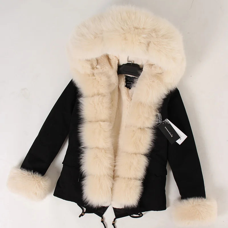 2024 MaoMaoKong Winter Jacket Parkas Natural Real Fox Fur Collar Faux Fur Lining Women Fur Coat